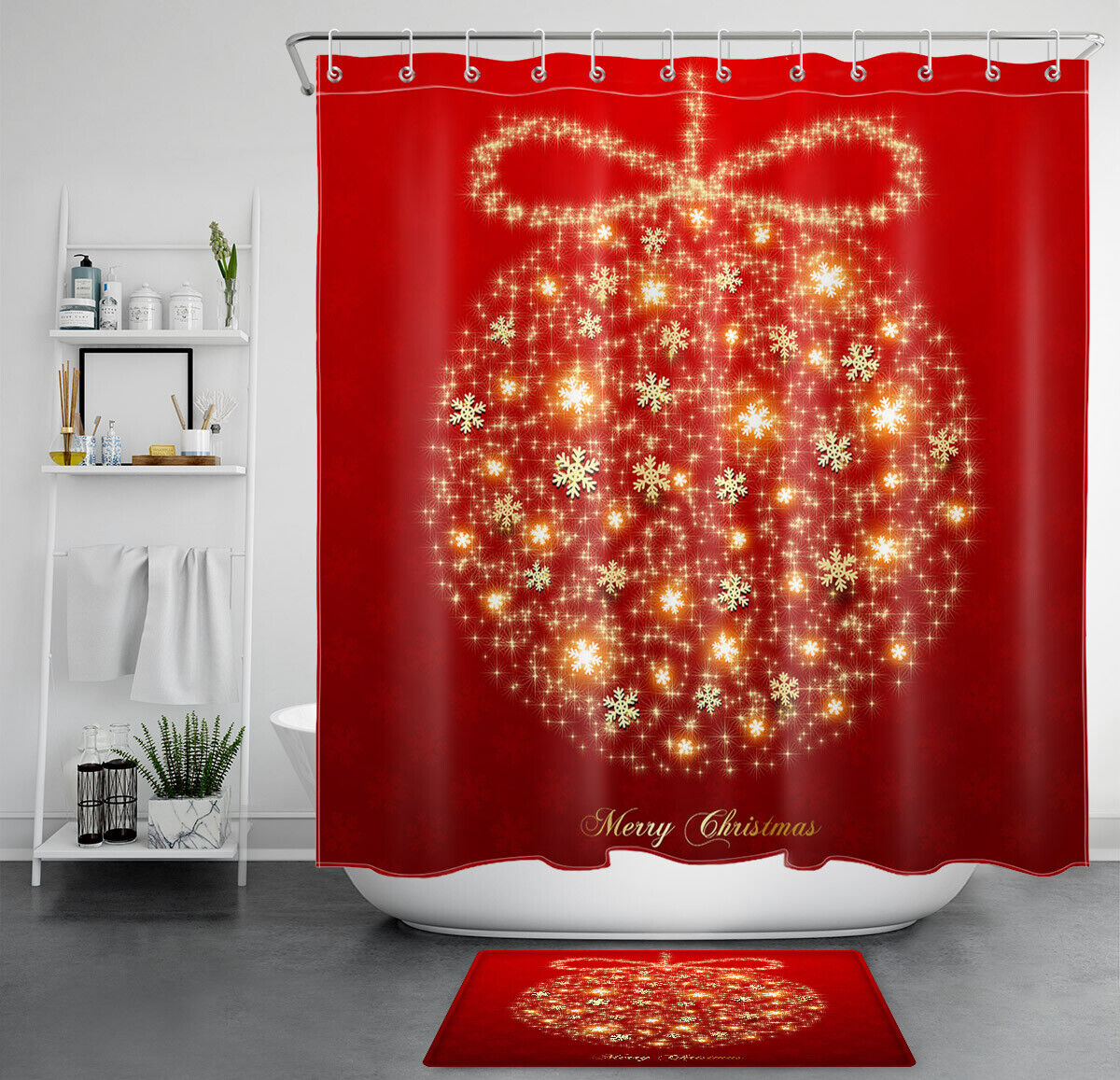 Christmas Ball Snowflake Shower Curtain in Red for a Festive Bathroom Decor