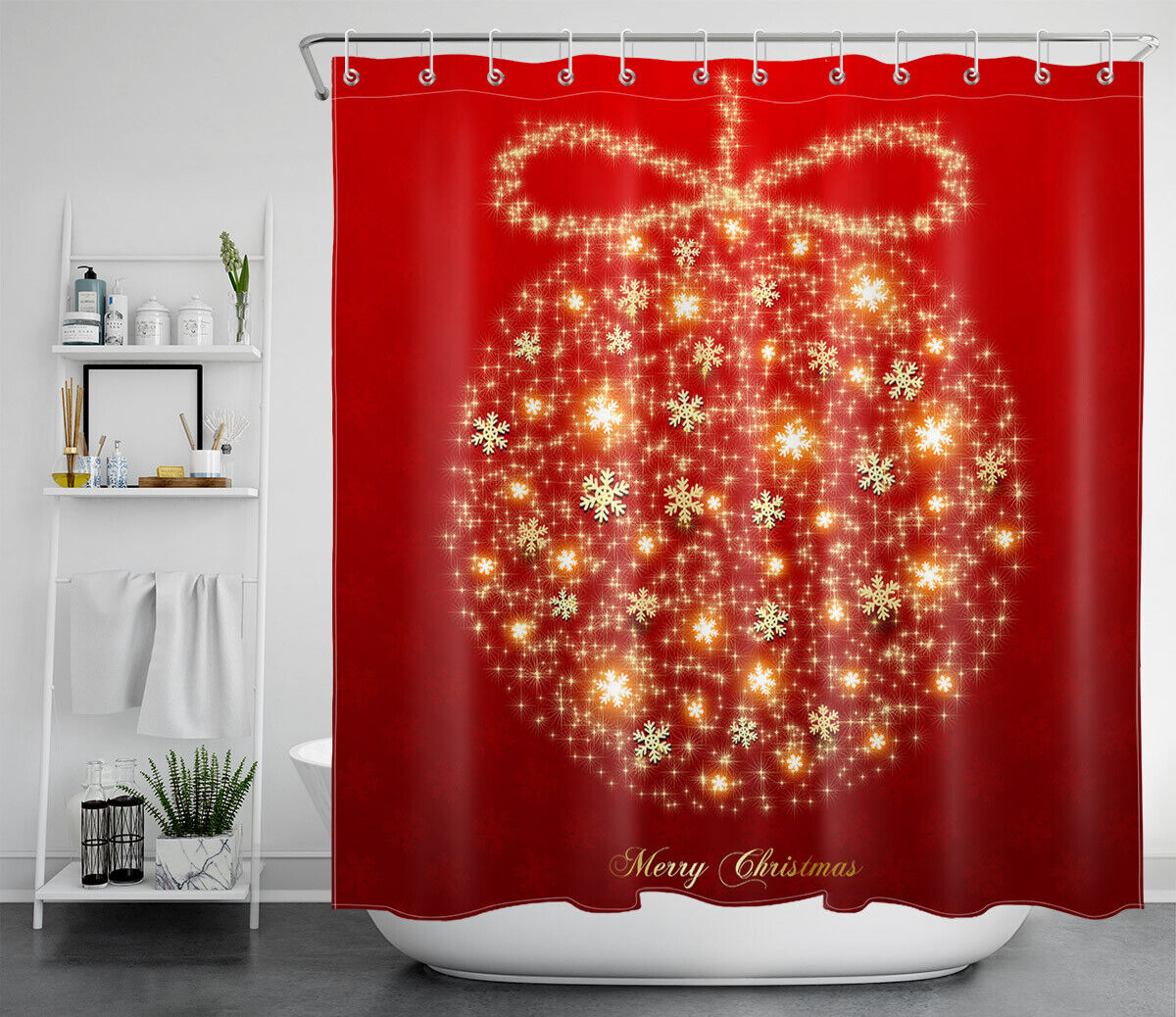 Christmas Ball Snowflake Shower Curtain in Red for a Festive Bathroom Decor