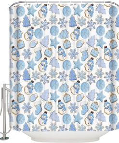 Christmas Blue Gingerbread Snowflake Snowman Shower Curtain for Home Bathroom Decor