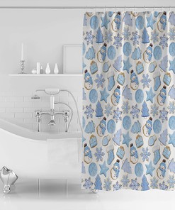 Christmas Blue Gingerbread Snowflake Snowman Shower Curtain for Home Bathroom Decor
