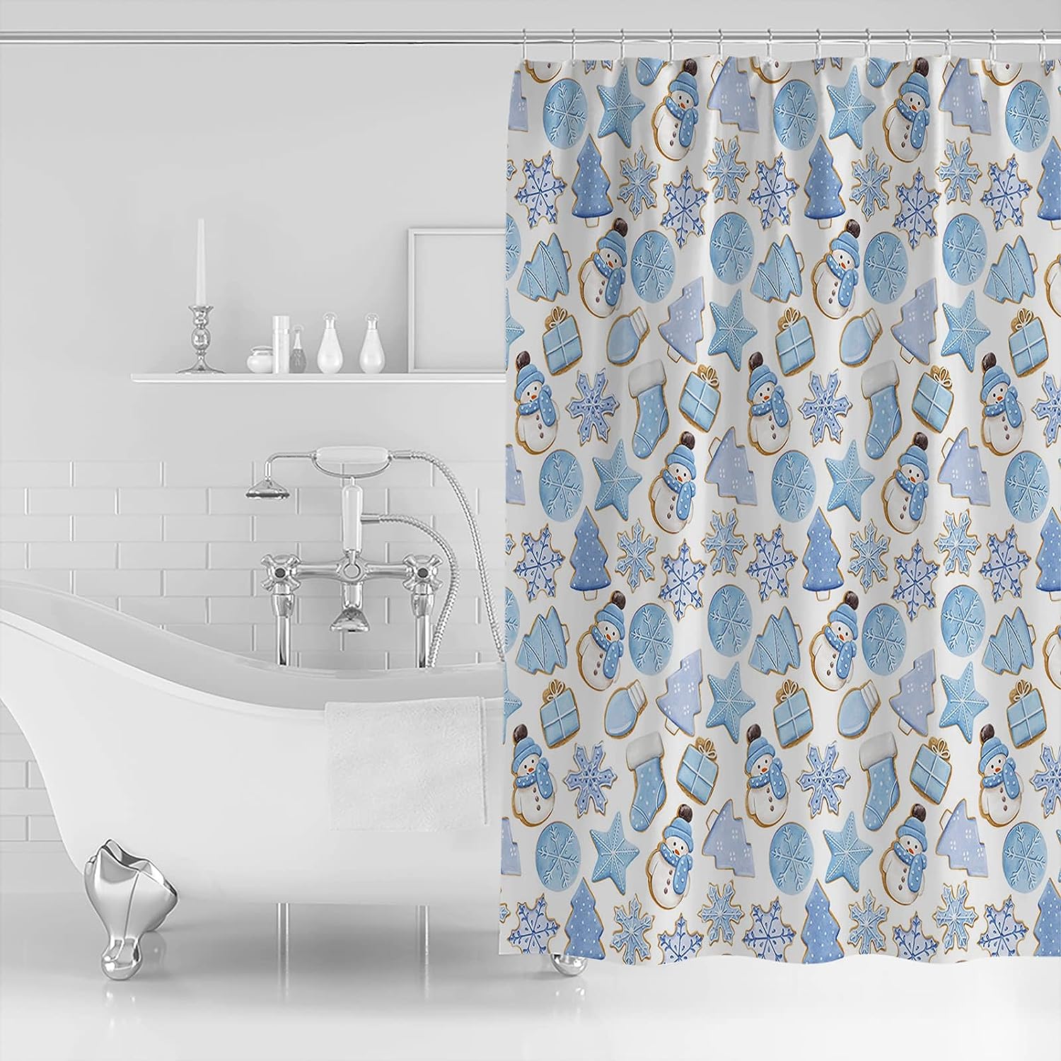 Christmas Blue Gingerbread Snowflake Snowman Shower Curtain for Home Bathroom Decor
