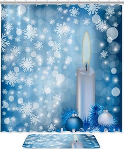 Christmas Candle Shower Curtain, Blue Snowflakes and Ball Design, Waterproof Fabric
