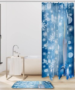 Christmas Candle Shower Curtain, Blue Snowflakes and Ball Design, Waterproof Fabric