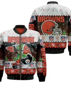 Christmas Cleveland Browns Grinch In Toilet Christmas Knitting Patt Jersey Bomber Jacket Model 1200