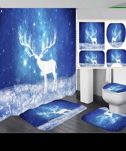 Christmas Deer Shower Curtain and Floor Mat Set for Festive Bathroom Decor
