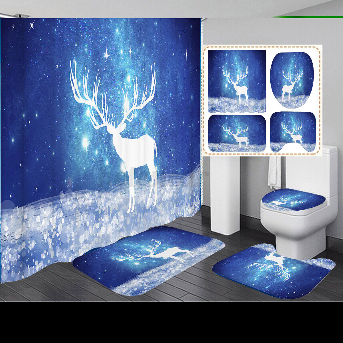 Christmas Deer Shower Curtain and Floor Mat Set for Festive Bathroom Decor