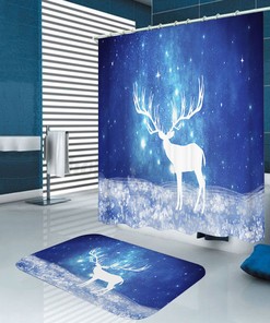 Christmas Deer Shower Curtain and Floor Mat Set for Festive Bathroom Decor