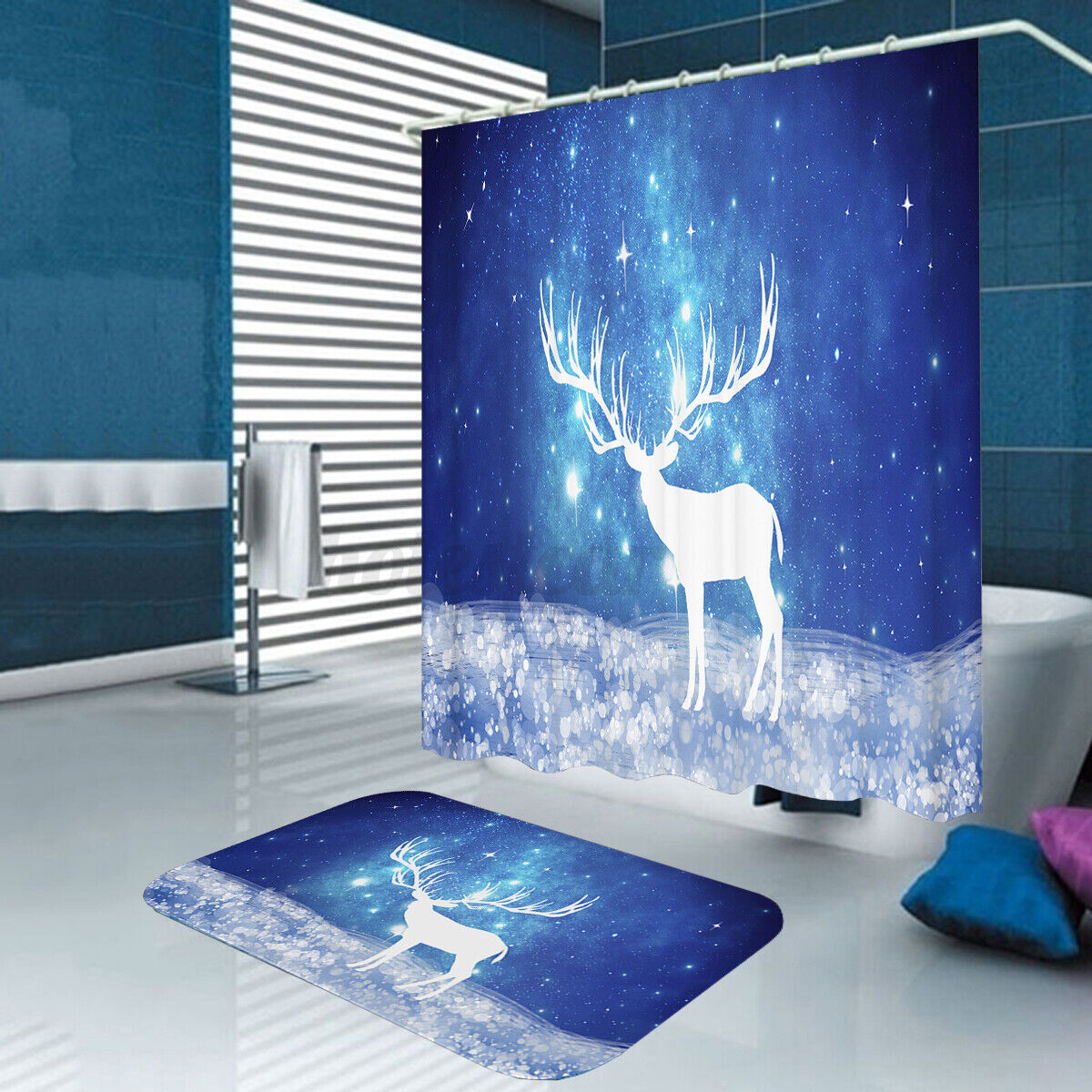 Christmas Deer Shower Curtain and Floor Mat Set for Festive Bathroom Decor
