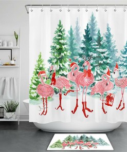 Christmas Flamingos Shower Curtain Watercolor Fir Forest Bathroom Decor