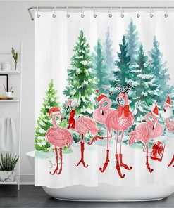 Christmas Flamingos Shower Curtain Watercolor Fir Forest Bathroom Decor