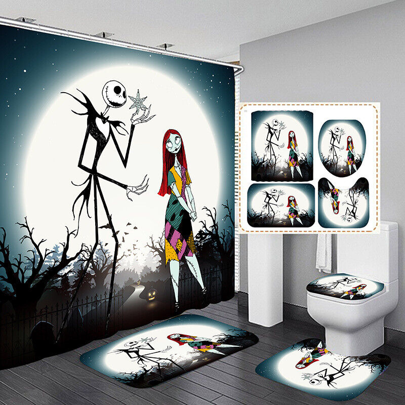 Christmas Moon Skull Anime Movie Shower Curtain for a Gothic Bathroom Decor