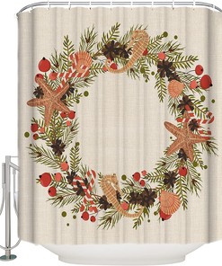 Christmas Ocean Starfish Seahorses Pine Cones Shower Curtain for Home Bathroom Decor
