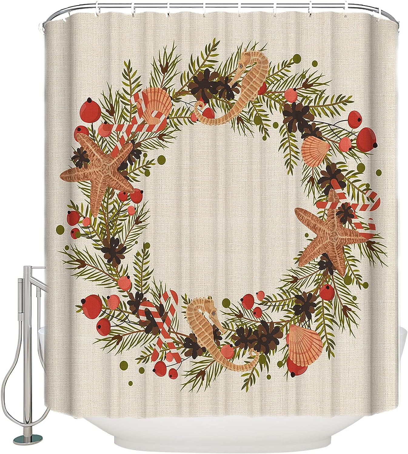 Christmas Ocean Starfish Seahorses Pine Cones Shower Curtain for Home Bathroom Decor