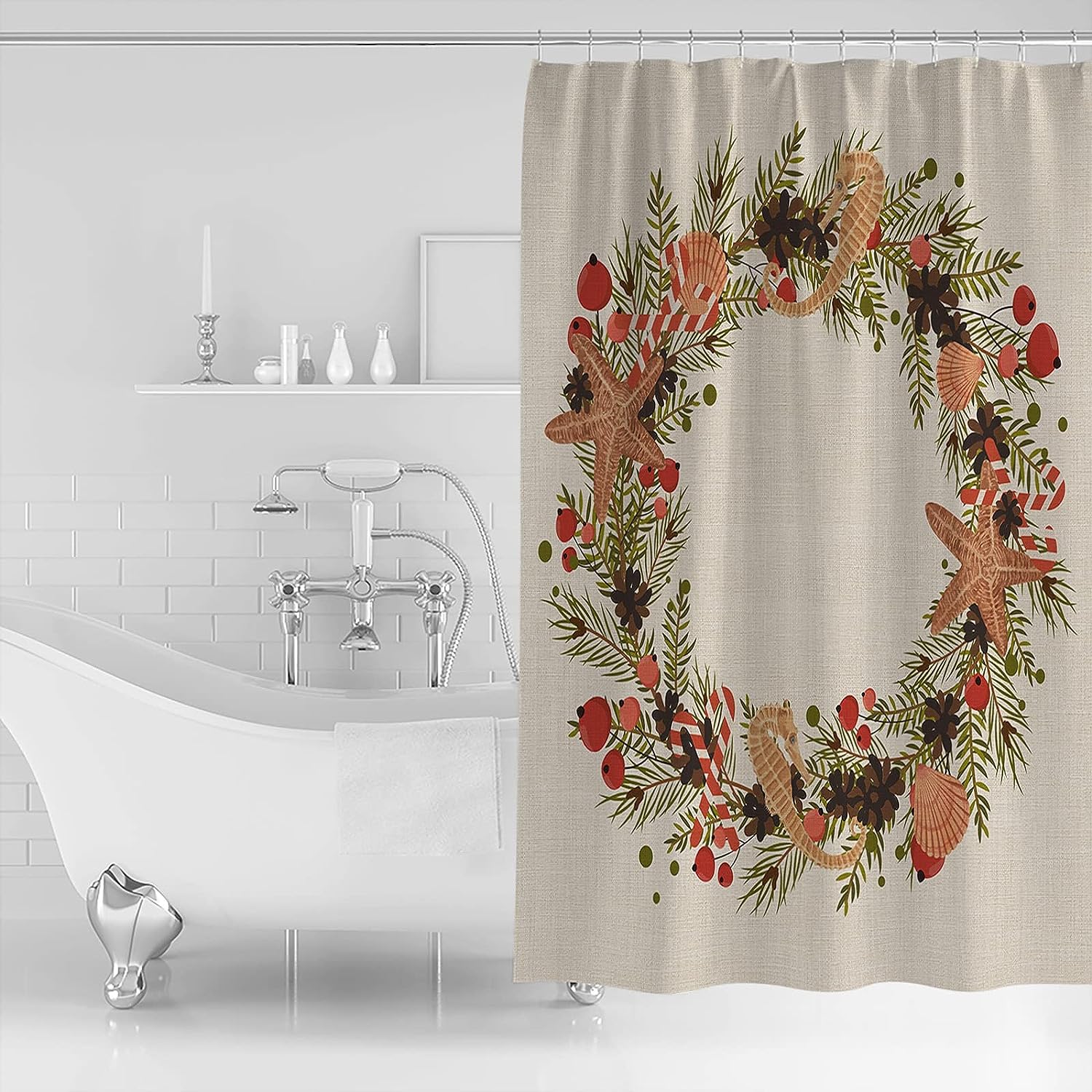 Christmas Ocean Starfish Seahorses Pine Cones Shower Curtain for Home Bathroom Decor