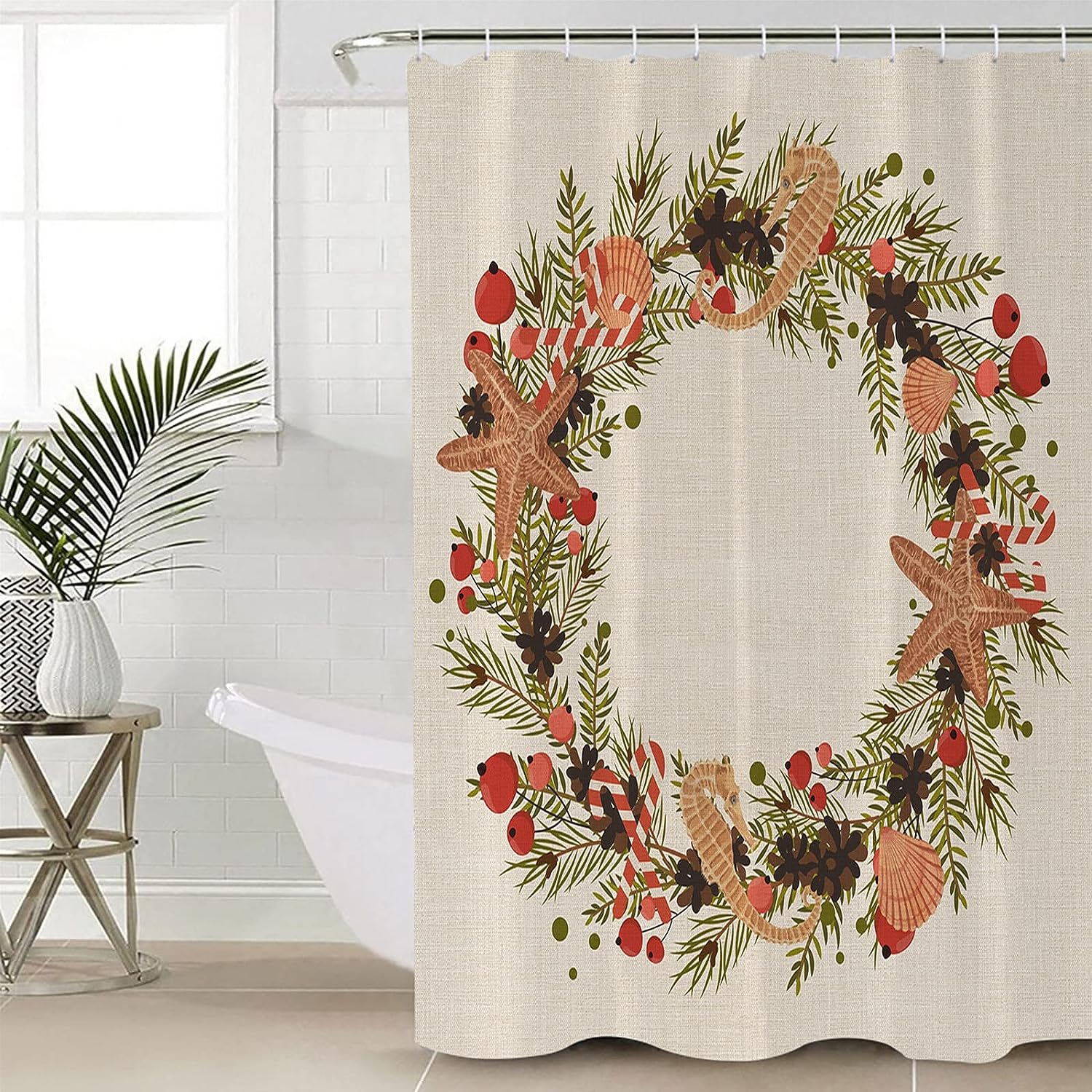 Christmas Ocean Starfish Seahorses Pine Cones Shower Curtain for Home Bathroom Decor