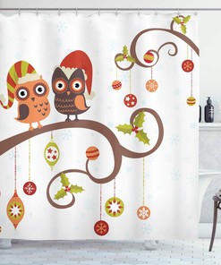 Christmas Owls Shower Curtain, Celebrating Twiggy Tree Branches Annual Yule Noel Print in Red Brown Bathroom Decor