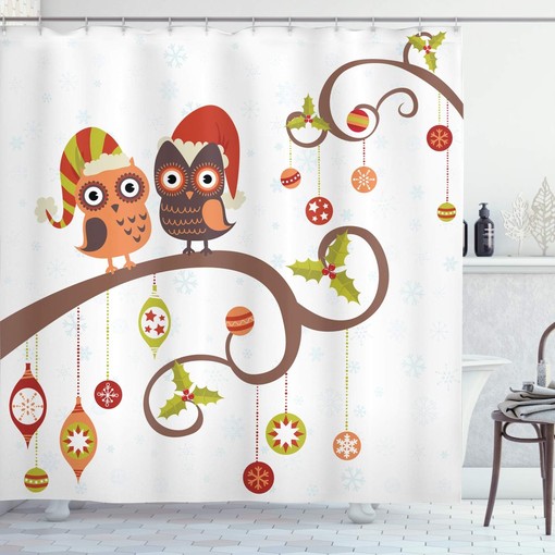 Christmas Owls Shower Curtain, Celebrating Twiggy Tree Branches Annual Yule Noel Print in Red Brown Bathroom Decor