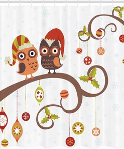 Christmas Owls Shower Curtain, Celebrating Twiggy Tree Branches Annual Yule Noel Print in Red Brown Bathroom Decor