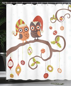 Christmas Owls Shower Curtain, Celebrating Twiggy Tree Branches Annual Yule Noel Print in Red Brown Bathroom Decor