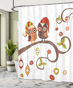 Christmas Owls Shower Curtain, Celebrating Twiggy Tree Branches Annual Yule Noel Print in Red Brown Bathroom Decor