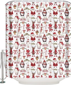 Christmas Shower Curtain - Penguin and Polar Bear in Santa Hats - Cute Holiday Bathroom Decor