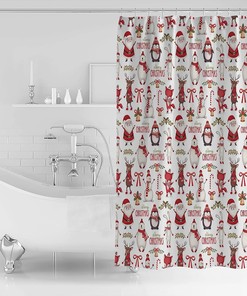Christmas Shower Curtain - Penguin and Polar Bear in Santa Hats - Cute Holiday Bathroom Decor