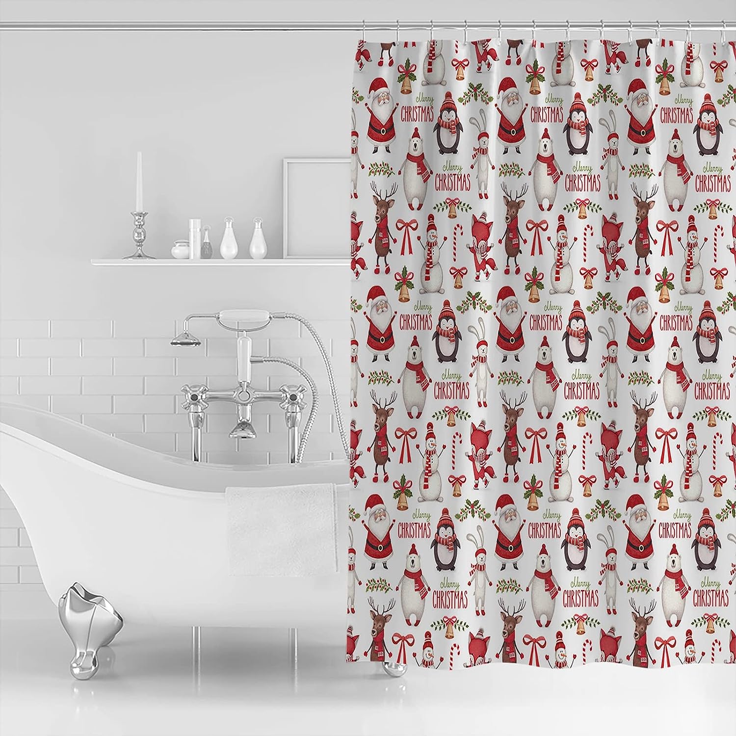 Christmas Shower Curtain - Penguin and Polar Bear in Santa Hats - Cute Holiday Bathroom Decor