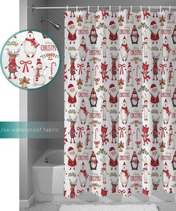 Christmas Shower Curtain - Penguin and Polar Bear in Santa Hats - Cute Holiday Bathroom Decor