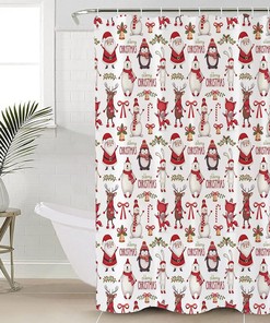 Christmas Shower Curtain - Penguin and Polar Bear in Santa Hats - Cute Holiday Bathroom Decor