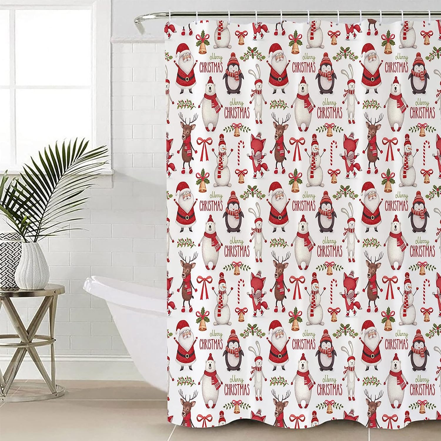 Christmas Shower Curtain - Penguin and Polar Bear in Santa Hats - Cute Holiday Bathroom Decor