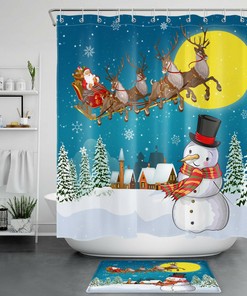Christmas Shower Curtain Santa Elk Sleigh Snowman Winter Home Decor