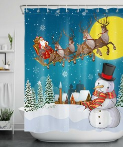 Christmas Shower Curtain Santa Elk Sleigh Snowman Winter Home Decor