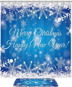 Christmas Snowflakes Shower Curtain, Blue and White Design, Waterproof Fabric