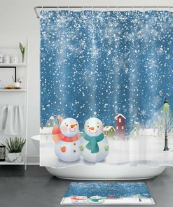 Christmas Snowman Shower Curtain with Winter Village Scene for a Festive Bathroom Decor