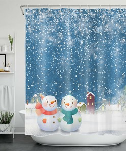 Christmas Snowman Shower Curtain with Winter Village Scene for a Festive Bathroom Decor