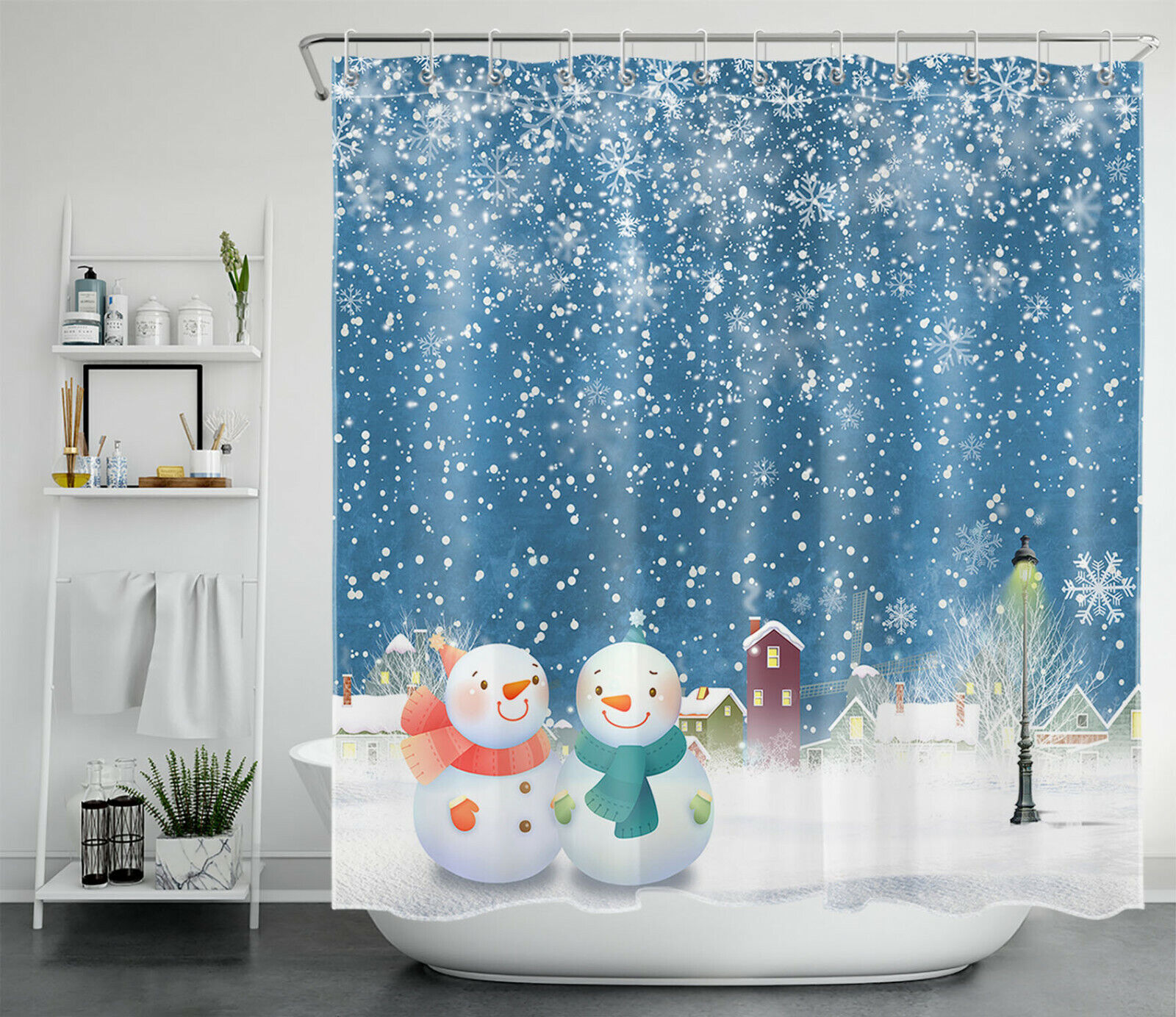 Christmas Snowman Shower Curtain with Winter Village Scene for a Festive Bathroom Decor