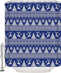 Christmas Tree Elk Snowflake Blue Shower Curtain for Home Bathroom Decor