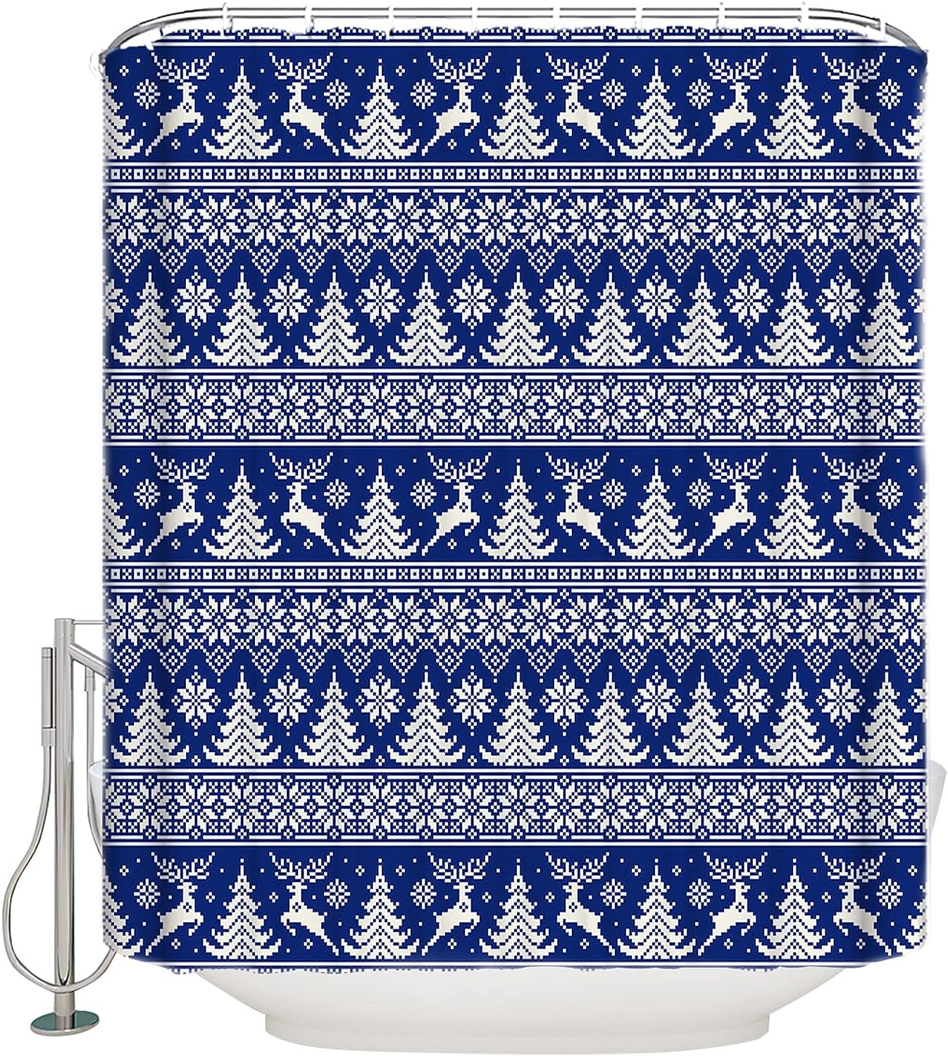 Christmas Tree Elk Snowflake Blue Shower Curtain for Home Bathroom Decor