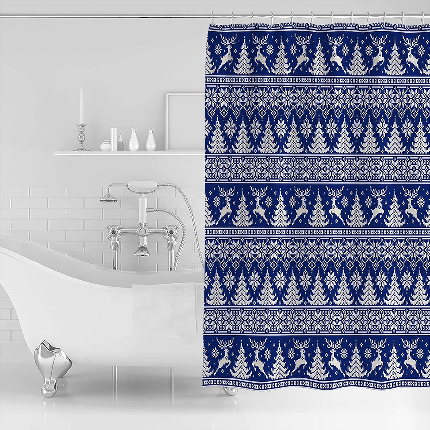 Christmas Tree Elk Snowflake Blue Shower Curtain for Home Bathroom Decor
