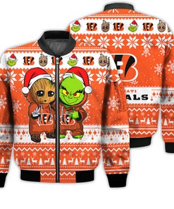 Cincinnati Bengals Baby Groot And Grinch Best Friends Football American Ugly Christmas Sweater Gifts Unisex 3D Bomber Jacket