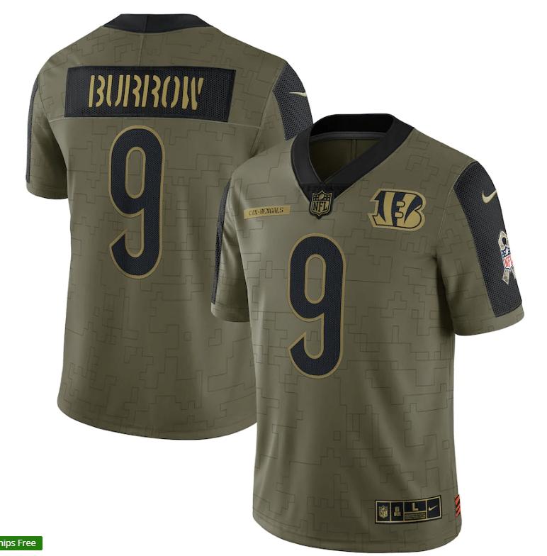 Cincinnati Bengals Joe Burrow 9 Nfl Olive 2021 Salute To Service Retired Player Men Jersey For Bears Fans