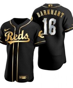 Cincinnati Reds #16 Tucker Barnhart Mlb Golden Brandedition Black Jersey Gift For Reds Fans