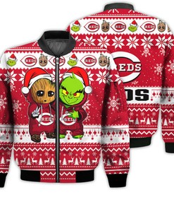 Cincinnati Reds Baby Groot And Grinch Best Friends Football American Ugly Christmas Sweater Gifts Unisex 3D Bomber Jacket