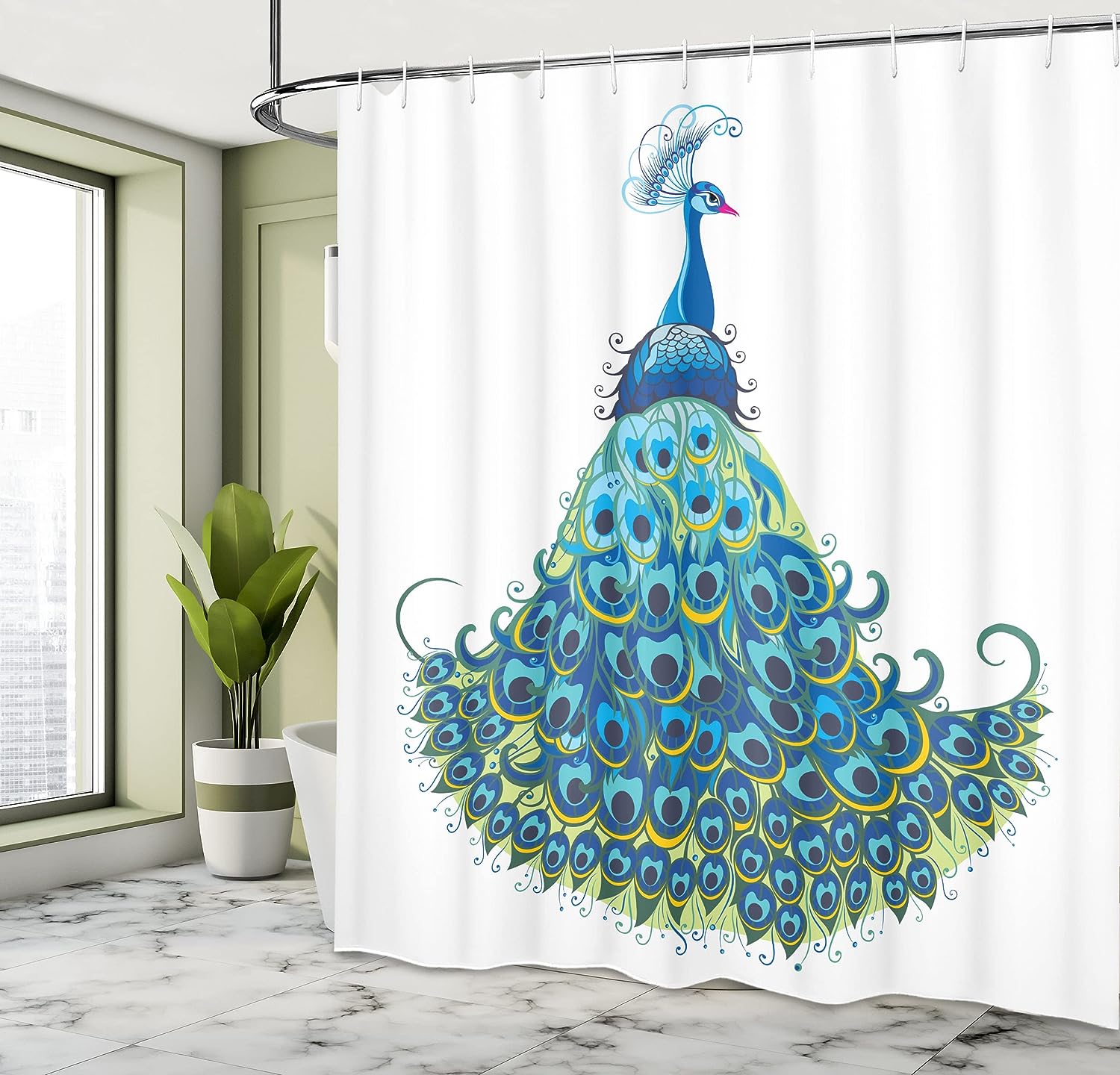 Classical Peacock Shower Curtain with Tropics Wildlife Theme Illustration Bathroom Decor