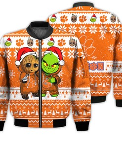Clemson Tigers Baby Groot And Grinch Best Friends Football American Ugly Christmas Sweater Gifts Unisex 3D Bomber Jacket