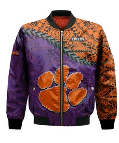 Clemson Tigers Bomber Jacket Grunge Polynesian Tattoo- NCAA