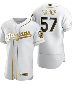Cleveland Baseball #57 Shane Bieber Mlb Golden Brandedition White Jersey Gift For Cleveland Baseball Fans