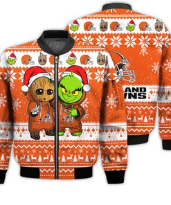 Cleveland Browns Baby Groot And Grinch Best Friends Football American Ugly Christmas Sweater Gifts Unisex 3D Bomber Jacket