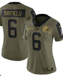 Cleveland Browns Baker Mayfield 6 Nfl Olive 2021 Salute To Service Player Women Jersey For Browns Fans