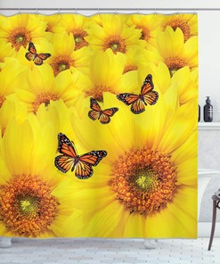 Close-Up Sunflower Shower Curtain, Warm Colors and Butterfly Design, Bathroom Decor